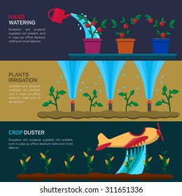 Automatic Sprinklers Watering. Agriculture, low flying yellow crop duster spraying agricultural chemicals pesticide a farm field. Watering irrigation system. Vector Illustration.