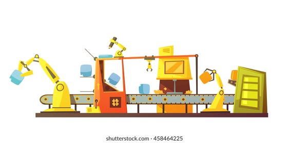 Automatic stock line managing with modern robots technology in retro cartoon style banner print schema vector illustration  