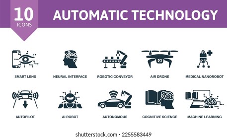 Automatic Technology icon set. Monochrome simple Automatic Technology icon collection. Smart Lens, Neural Interface, Robotic Conveyor, Air Drone, Medical Nanorobot, Autopilot, Ai Robot, Autonomous