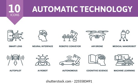 Automatic Technology icon set. Monochrome simple Automatic Technology icon collection. Smart Lens, Neural Interface, Robotic Conveyor, Air Drone, Medical Nanorobot, Autopilot, Ai Robot, Autonomous