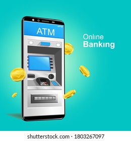 Automatic Teller Machine Online Banking Smartphone Vector With Gold Coins