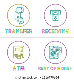 Automatic teller system device and receiving, transfer money operation and balance or fund rest lineart flat illustration set on financial theme.