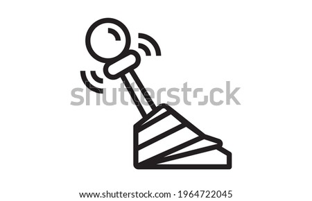  Automatic transmission, car gearbox icon. Linear logo of gear shift with button. Black simple illustration of shift knob, lever arm. Contour isolated vector image on white background