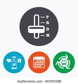 Automatic transmission sign icon. Auto car control symbol. Mobile payments, calendar and wifi icons. Bus shuttle.