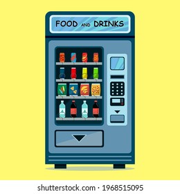 Automatic vending machine with food and drinks. Bottles and cans with drinks, chips, chocolate and other snacks. Flat style
