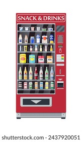 Máquina expendedora automática con alimentos y bebidas. Botellas y latas con bebidas, patatas fritas, chocolate y otros aperitivos. Ilustración vectorial en estilo plano