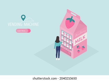 Automatic vending machines concept. One girl buying strawberry milk through the vending machine taking cash. Isometric vector illustration.