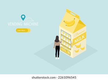 Automatic vending machines concept. One girl buying Banana milk through the vending machine taking cash. Isometric vector illustration.