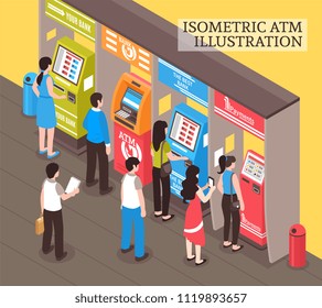Automatic vending and selling machines isometric composition with people buying transport tickets and taking cash vector illustration 