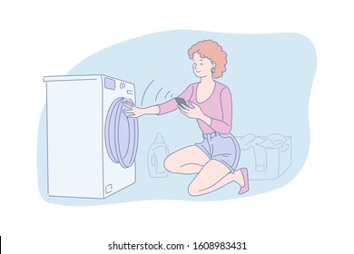 Automatic wash, household appliance concept. Loading laundry into washer, washing process control, technology possibilities, smiling young woman with smartphone and washing machine. Simple flat vector