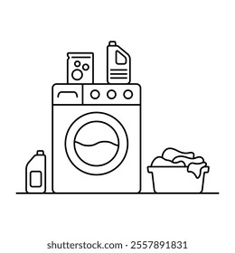 Automatic washing machine icon. Black outline linear silhouette. Editable strokes. Front view. Vector simple flat graphic illustration. Isolated object on white background. Isolate.