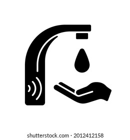 Automatic water tap black glyph icon. Electronic and touchless automatic faucet that allows to drastically decrease water consumption. Silhouette symbol on white space. Vector isolated illustration