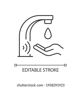 Automatic water tap linear icon. Automatic faucet to drastically decrease water consumption. Thin line customizable illustration. Contour symbol. Vector isolated outline drawing. Editable stroke