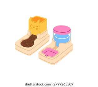 Automatic waterer and feeder for cat. Pet shop, veterinary shop supplies, pet care, accessories for cats. Hand drawn vector illustration. Isolated design element.
