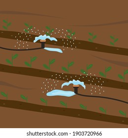 Automatic watering of plants. Equipment for reclamation of seedlings. The concept of carrying out field work in agriculture. Irrigation of the soil. Vector illustration. Flat style.