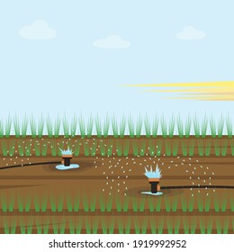 Automatic watering of plants in the garden. Equipment for reclamation of seedlings. The concept of carrying out field work in agriculture. Irrigation of the soil. Vector illustration. Flat style.