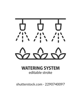 Das Symbol der Linie des automatischen Bewässerungssystems. Symbol für landwirtschaftliche Geräte, Vektorgrafik. Illustration zur Bewässerung von Feldern oder Gewächshäusern. Intelligente Landwirtschaft. Bearbeitbarer Strich.