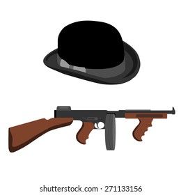 Automatic weapon gun and black bowler hat.