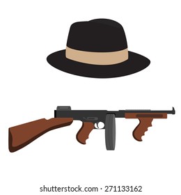 Automatic weapon gun and brown, classic fedora hat.