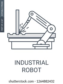 Automatic welding arm icon. Electronic welding machine icon in thin outline style.