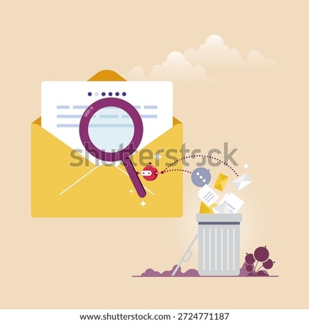 Automatically deleting scam mail, danger email or cyber security concept, data protection, safety, robot scan email with magnifying glass and throw junk mail into trash bin