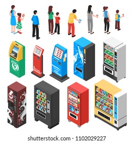 Automaticvending machines selling snacks refreshments coffee soup drinks tickets contraceptives isometric icons collection isolated vector illustration 
