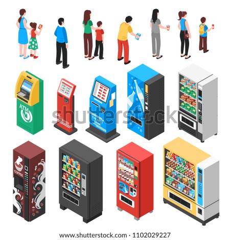 Automaticvending machines selling snacks refreshments coffee soup drinks tickets contraceptives isometric icons collection isolated vector illustration 