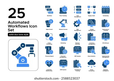 Automating Business Processes. Productivity, AI Integration, and Workflow Automation. Vector Illustration. Solid duo tone icon set