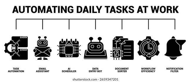 Banner do ícone Automatizando tarefas diárias no trabalho para o estilo infográfico preenchido com preto.