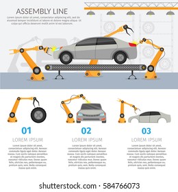Automation abstract robotic assembly line car set flat isolated vector illustration background