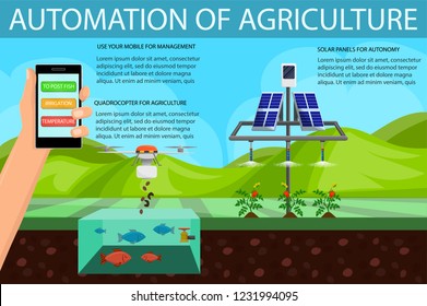 Automation of Agriculture Concept. Drip Irrigation of Seedlings using Technology. Fertilizer on Field. Man Farmer Working. Growth Natural Organic. Solar Panels on Farm. Vector Flat Illustration.