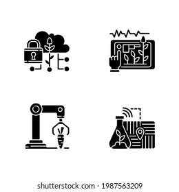 Automation of agronomy black glyph icons set on white space. Soil sampling. Data security in agriculture. Yield prediction. Harvesting robotics. Silhouette symbols. Vector isolated illustration