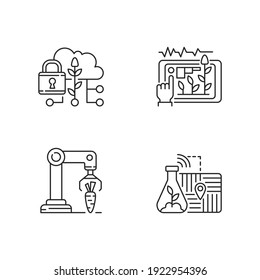 Automation of agronomy linear icons set. Soil sampling. Data security in agriculture. Yield prediction. Customizable thin line contour symbols. Isolated vector outline illustrations. Editable stroke