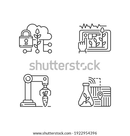 Automation of agronomy linear icons set. Soil sampling. Data security in agriculture. Yield prediction. Customizable thin line contour symbols. Isolated vector outline illustrations. Editable stroke