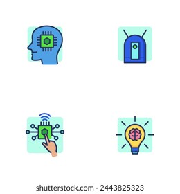 Automation and AI concept line icon set. CPU in human head, pressing microchip, lightbulb with brain, robot. Vector illustration symbol element for web design and apps