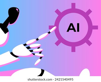 Automation with AI. Quality control of artificial intelligence. Robot tester points to the gear. Flat vector illustration.