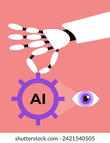 Automation with AI. Quality control of artificial intelligence. Robot tester uses deep machine vision. Flat vector illustration.
