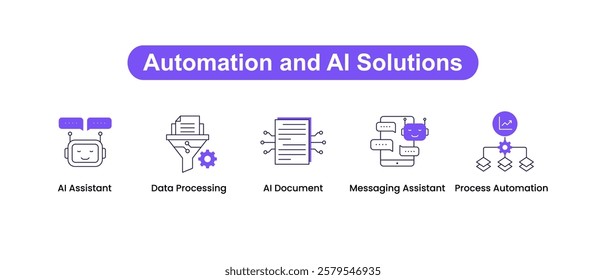 Automation and AI Solutions. Icons included: AI Assistant, Messaging Assistant, Data Processing, Process Automation, AI Document.