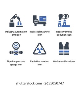 Automation arm, Machine, Smoke pollution, Pipeline pressure gauge, Radiation caution, Worker uniform, icon