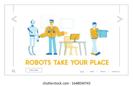 Automation, Artificial Intelligence, Human Vs Robots Website Landing Page. Boss Shaking Hand to Cyborg Come Work in Office. Worker Dismissal Web Page Banner. Cartoon Flat Vector Illustration, Line Art