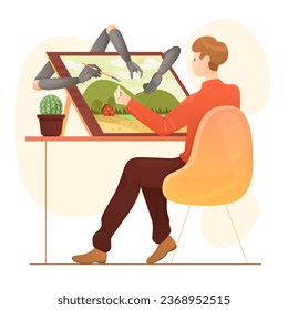 Automation of artwork creation, AI generated art vector illustration. Cartoon artist character sitting at table to draw creative artistic drawing on tablet together with help of smart robot assistants