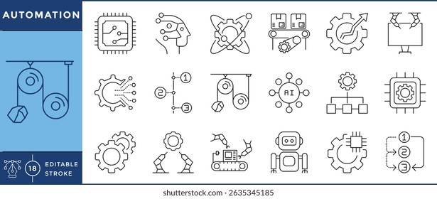 Automation and automatic industrial techniques related 18 line icons set. Vector editable stroke.