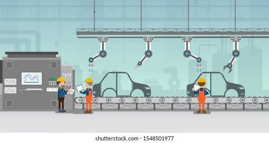 Automation Automobile Factory Concept With Robot Assembly Line In Car Factory Vector Illustration