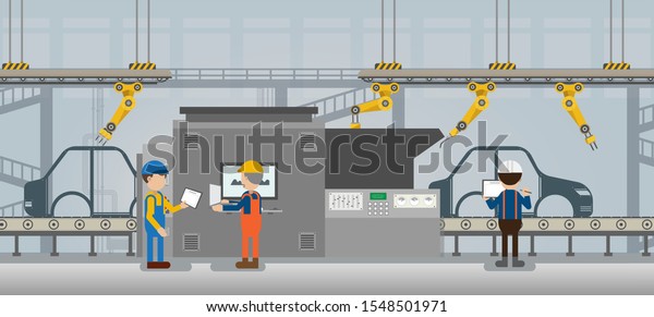 Automation automobile factory concept\
with robot assembly line in car factory vector\
illustration