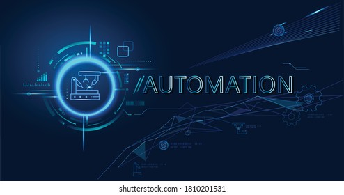 Automation Banner Logo For Futuristic Industrial, Autonomous, Robotic, Innovation, Industry,  Repeatability Systems In Business Processes. Abstract Technology Background.