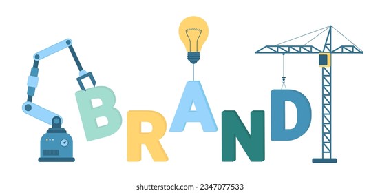 Automation in brand creation and development vector illustration. Cartoon isolated futuristic factory robot arm and construction crane build Brand word, create identity and commercial trends with AI
