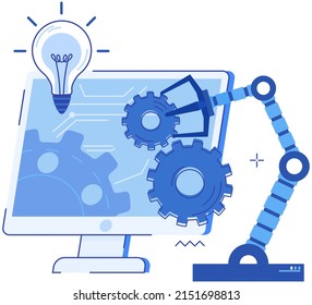 Automation business process. Conducting experiments artificial intelligence for startup development. Robotic arm lifting weights, production work. Modern technologies new business project