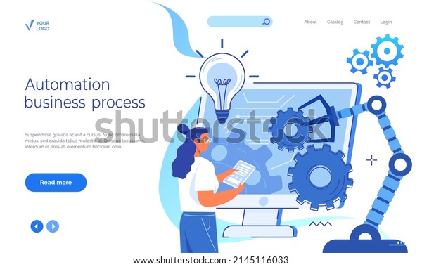 Automation business process landing page template.\
Company strategy. Work organization. Project management, software\
development. Automated business system concept with computer that\
builds robot arms