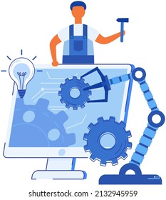 Proceso comercial de automatización con ingeniero especializado. Estrategia de la empresa. Organización laboral. Gestión de proyectos, desarrollo de software. Concepto de sistema automatizado con equipo que genera armas robot