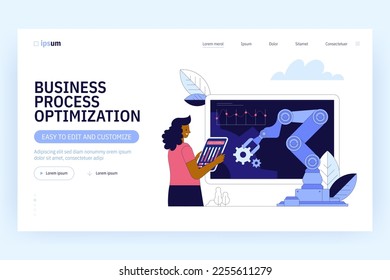 Automation business process vector illustration. Company strategy. Work organization. Project management, software development. Automated business system concept with robot arms and gears